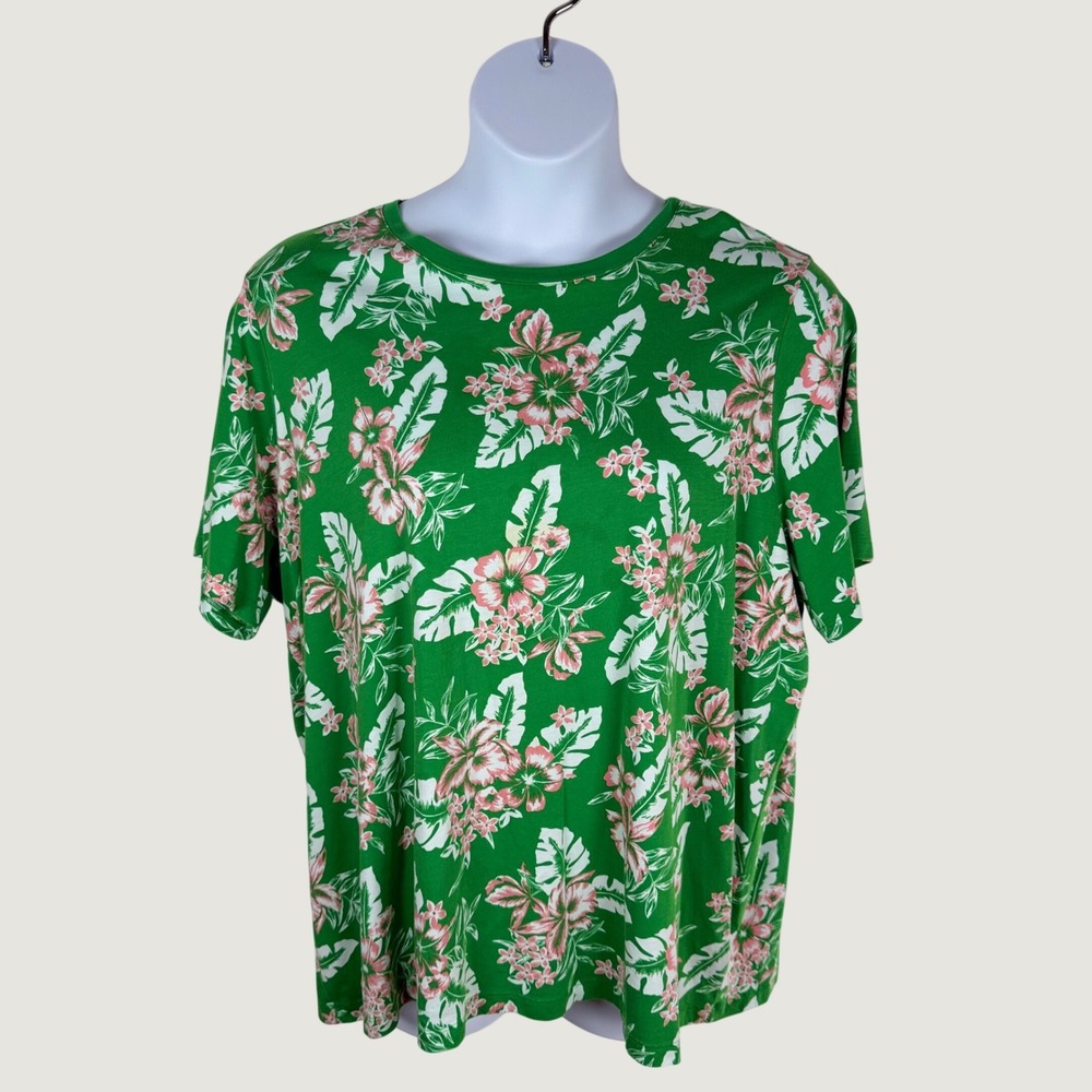 Lands End 2X Relaxed Fit Green Floral Supima Cotton T-Shirt Bright Tropical